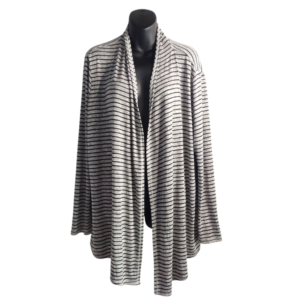 Chico's Open Front Cardigan Gray Black Stripe Stretch Knit Long Sleeve Size 2